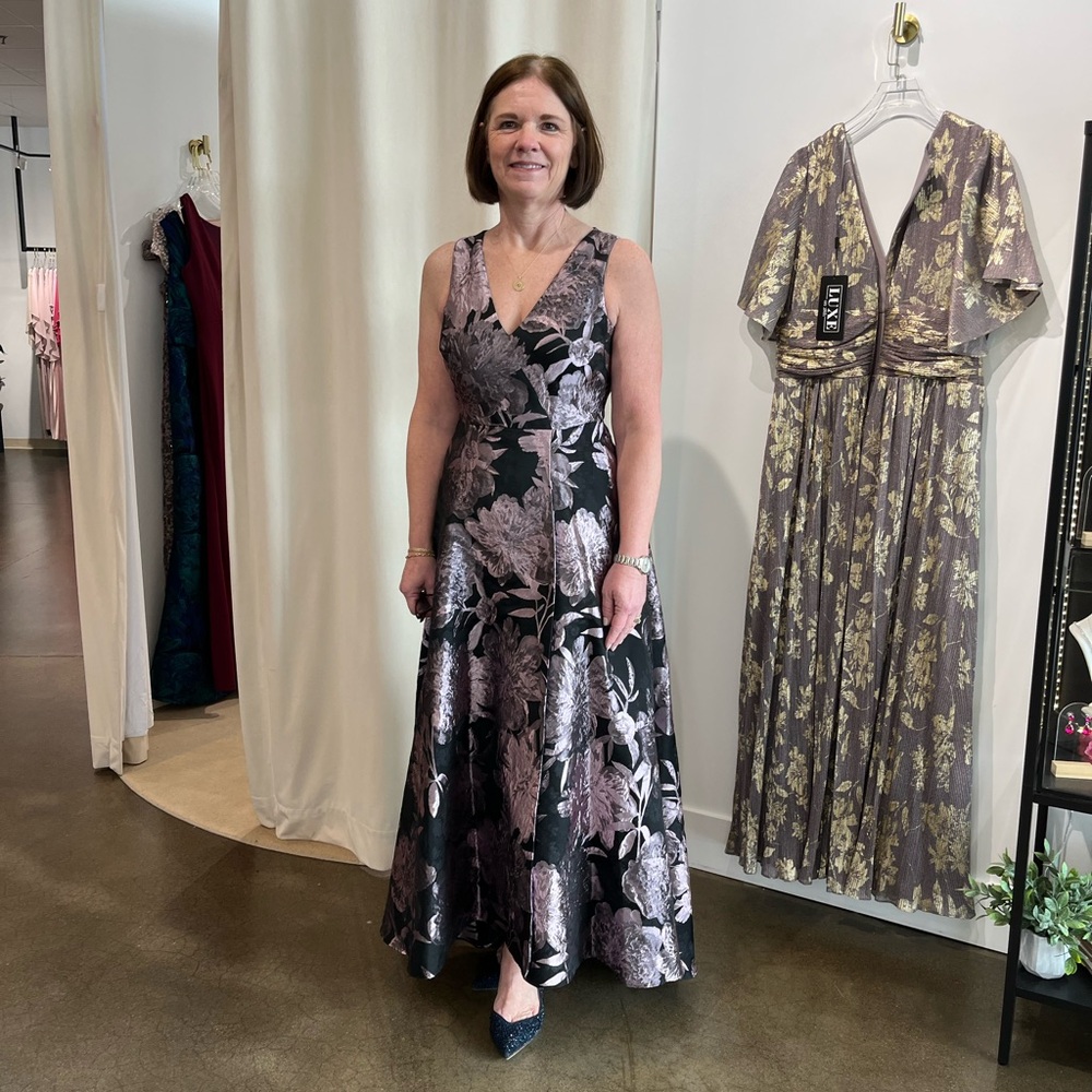 SLNY Black and Silver Floral Maxi Dress